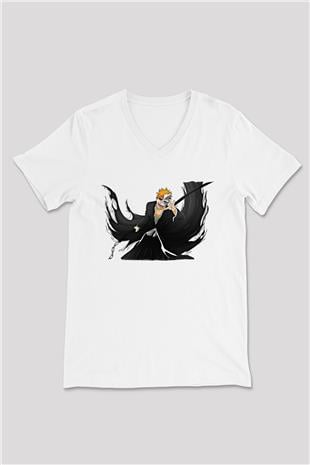 Bleach Baskılı Beyaz Unisex V Yaka Tişört - Tshirt