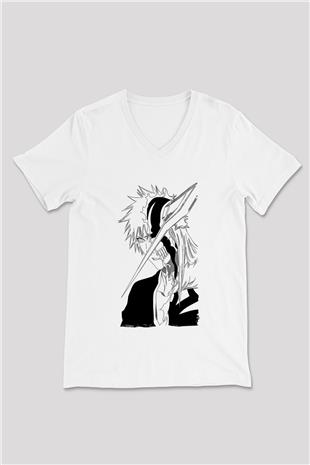 Bleach Baskılı Beyaz Unisex V Yaka Tişört - Tshirt
