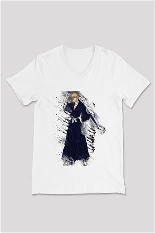 Bleach Baskılı Beyaz Unisex V Yaka Tişört - Tshirt