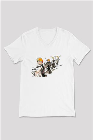 Bleach Baskılı Beyaz Unisex V Yaka Tişört - Tshirt