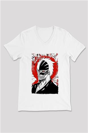 Bleach Baskılı Beyaz Unisex V Yaka Tişört - Tshirt