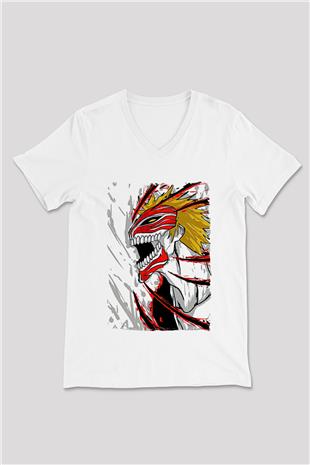Bleach Baskılı Beyaz Unisex V Yaka Tişört - Tshirt