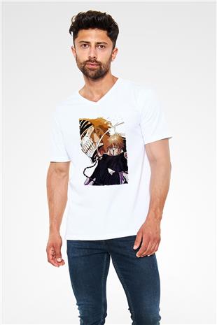 Bleach Baskılı Beyaz Unisex V Yaka Tişört - Tshirt
