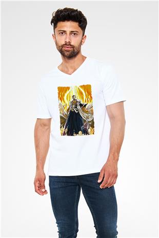 Bleach Baskılı Beyaz Unisex V Yaka Tişört - Tshirt
