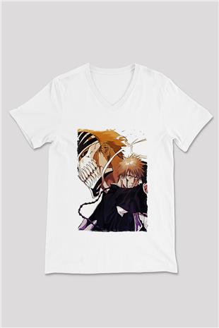 Bleach Baskılı Beyaz Unisex V Yaka Tişört - Tshirt