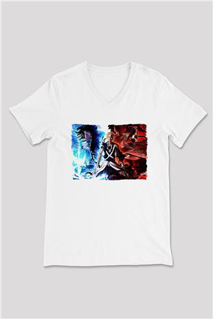Bleach Baskılı Beyaz Unisex V Yaka Tişört - Tshirt