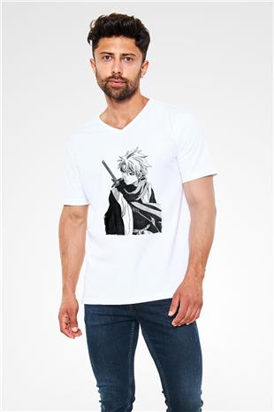 Bleach Baskılı Beyaz Unisex V Yaka Tişört - Tshirt