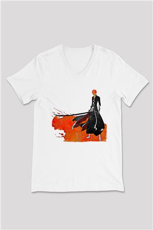 Bleach Baskılı Beyaz Unisex V Yaka Tişört - Tshirt