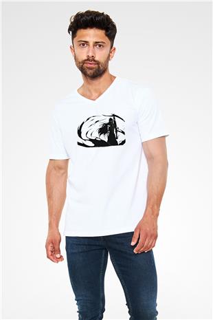 Bleach Baskılı Beyaz Unisex V Yaka Tişört - Tshirt