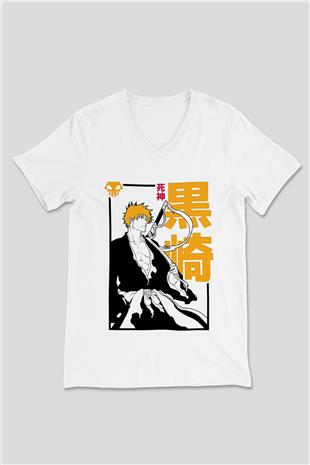 Bleach Baskılı Beyaz Unisex V Yaka Tişört - Tshirt