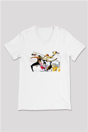 Bleach Baskılı Beyaz Unisex V Yaka Tişört - Tshirt