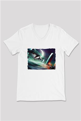 Bleach Baskılı Beyaz Unisex V Yaka Tişört - Tshirt