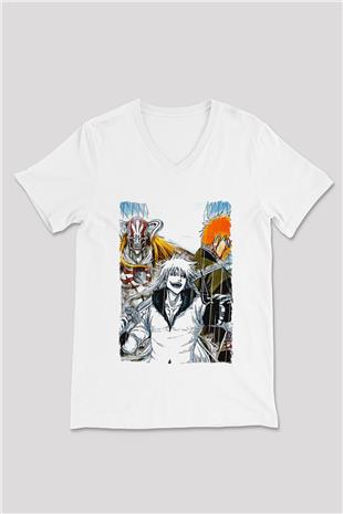 Bleach Baskılı Beyaz Unisex V Yaka Tişört - Tshirt