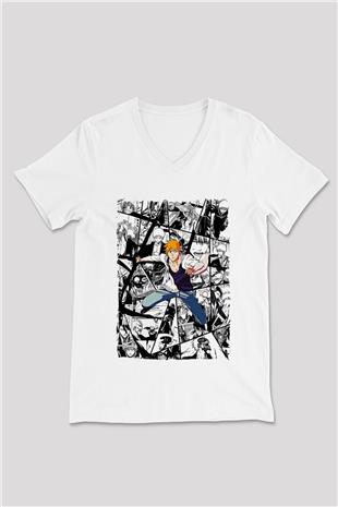 Bleach Baskılı Beyaz Unisex V Yaka Tişört - Tshirt