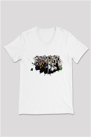 Bleach Baskılı Beyaz Unisex V Yaka Tişört - Tshirt