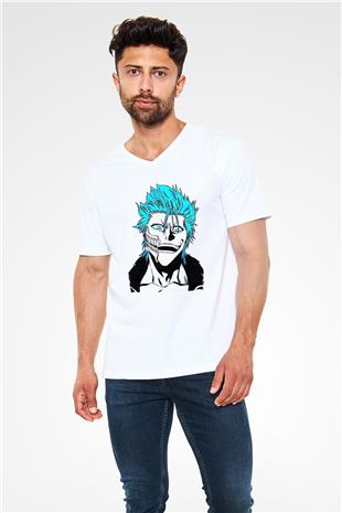 Bleach Baskılı Beyaz Unisex V Yaka Tişört - Tshirt