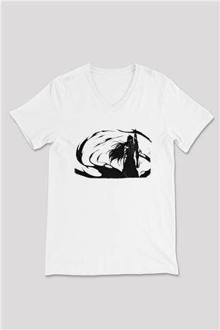 Bleach Baskılı Beyaz Unisex V Yaka Tişört - Tshirt