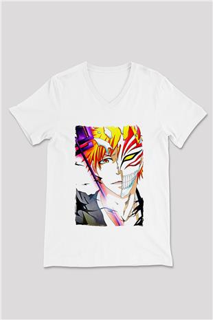 Bleach Baskılı Beyaz Unisex V Yaka Tişört - Tshirt