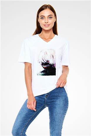 Bleach Baskılı Beyaz Unisex V Yaka Tişört - Tshirt