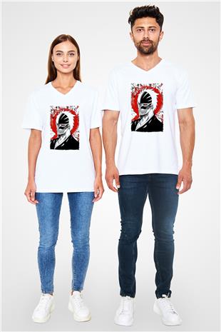 Bleach Baskılı Beyaz Unisex V Yaka Tişört - Tshirt
