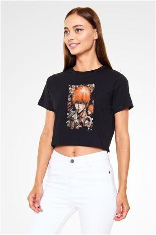 Bleach Baskılı Siyah Crop Top Kadın Tişört - Tshirt