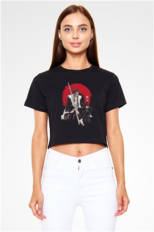 Bleach Baskılı Siyah Crop Top Kadın Tişört - Tshirt