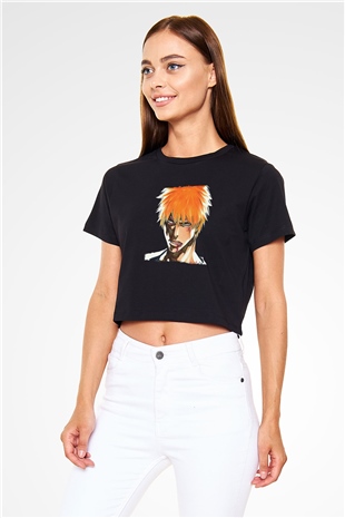 Bleach Baskılı Siyah Crop Top Kadın Tişört - Tshirt