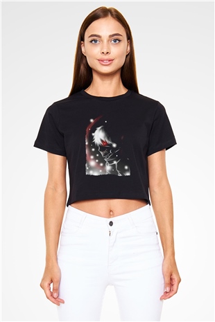 Bleach Baskılı Siyah Crop Top Kadın Tişört - Tshirt