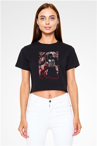 Bleach Baskılı Siyah Crop Top Kadın Tişört - Tshirt