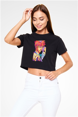 Bleach Baskılı Siyah Crop Top Kadın Tişört - Tshirt