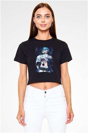 Bleach Baskılı Siyah Crop Top Kadın Tişört - Tshirt