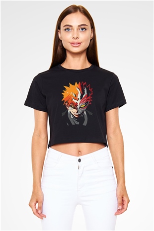 Bleach Baskılı Siyah Crop Top Kadın Tişört - Tshirt