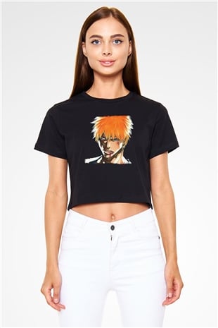 Bleach Baskılı Siyah Crop Top Kadın Tişört - Tshirt