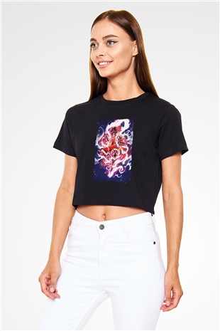 Bleach Baskılı Siyah Crop Top Kadın Tişört - Tshirt