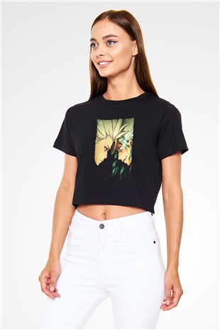 Bleach Baskılı Siyah Crop Top Kadın Tişört - Tshirt