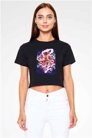 Bleach Baskılı Siyah Crop Top Kadın Tişört - Tshirt