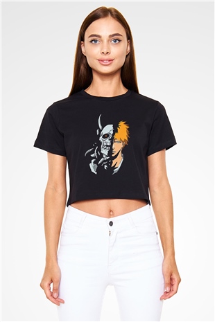 Bleach Baskılı Siyah Crop Top Kadın Tişört - Tshirt