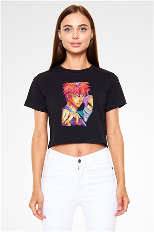 Bleach Baskılı Siyah Crop Top Kadın Tişört - Tshirt