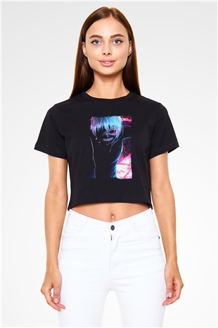 Bleach Baskılı Siyah Crop Top Kadın Tişört - Tshirt