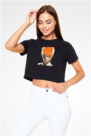 Bleach Baskılı Siyah Crop Top Kadın Tişört - Tshirt