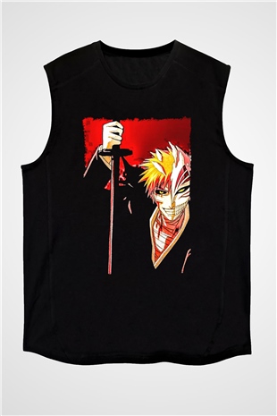 Bleach Baskılı Unisex Siyah Kolsuz Tişört - Tshirt