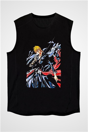 Bleach Baskılı Unisex Siyah Kolsuz Tişört - Tshirt