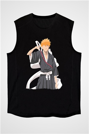 Bleach Baskılı Unisex Siyah Kolsuz Tişört - Tshirt