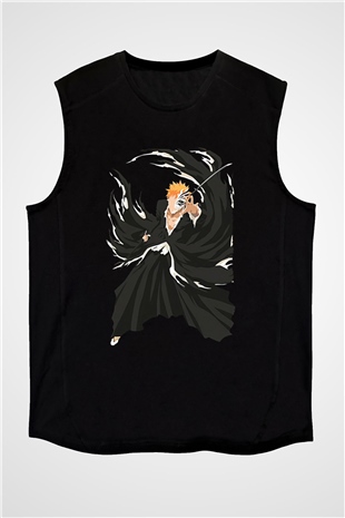 Bleach Baskılı Unisex Siyah Kolsuz Tişört - Tshirt