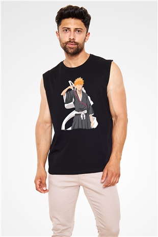 Bleach Baskılı Unisex Siyah Kolsuz Tişört - Tshirt