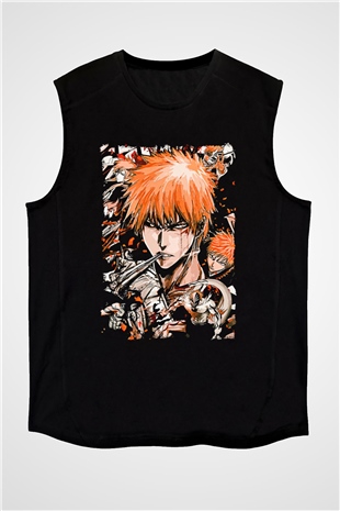 Bleach Baskılı Unisex Siyah Kolsuz Tişört - Tshirt