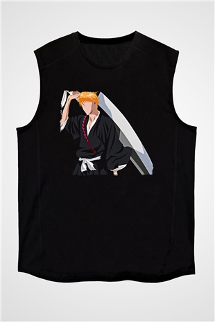 Bleach Baskılı Unisex Siyah Kolsuz Tişört - Tshirt