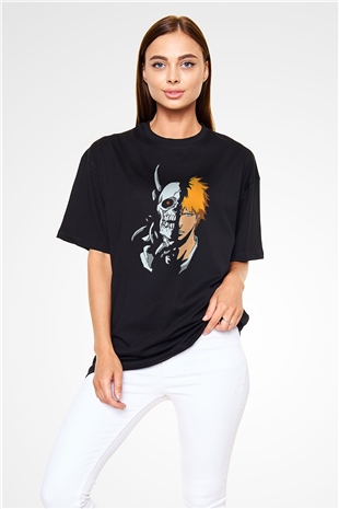Bleach Baskılı Unisex Siyah Oversize Tişört - Tshirt