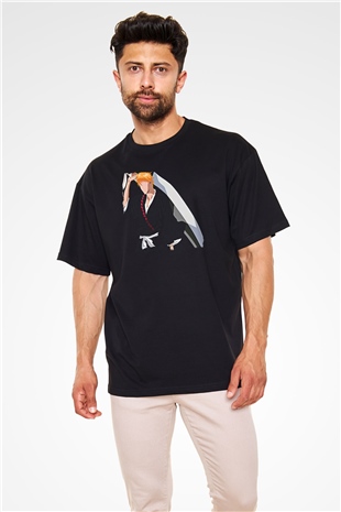 Bleach Baskılı Unisex Siyah Oversize Tişört - Tshirt