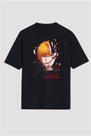 Bleach Baskılı Unisex Siyah Oversize Tişört - Tshirt